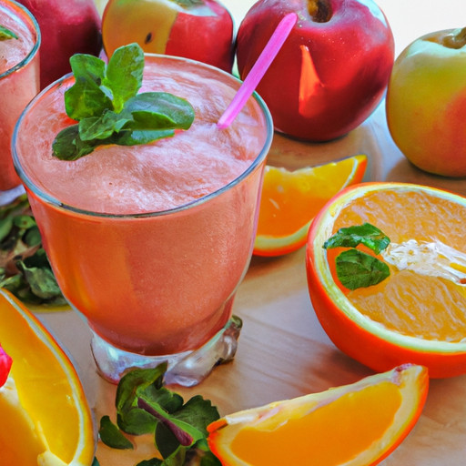 Köstlicher hausgemachter Smoothie mit Apfel und Himbeere und Orange gegen Bluthochdruck 58501